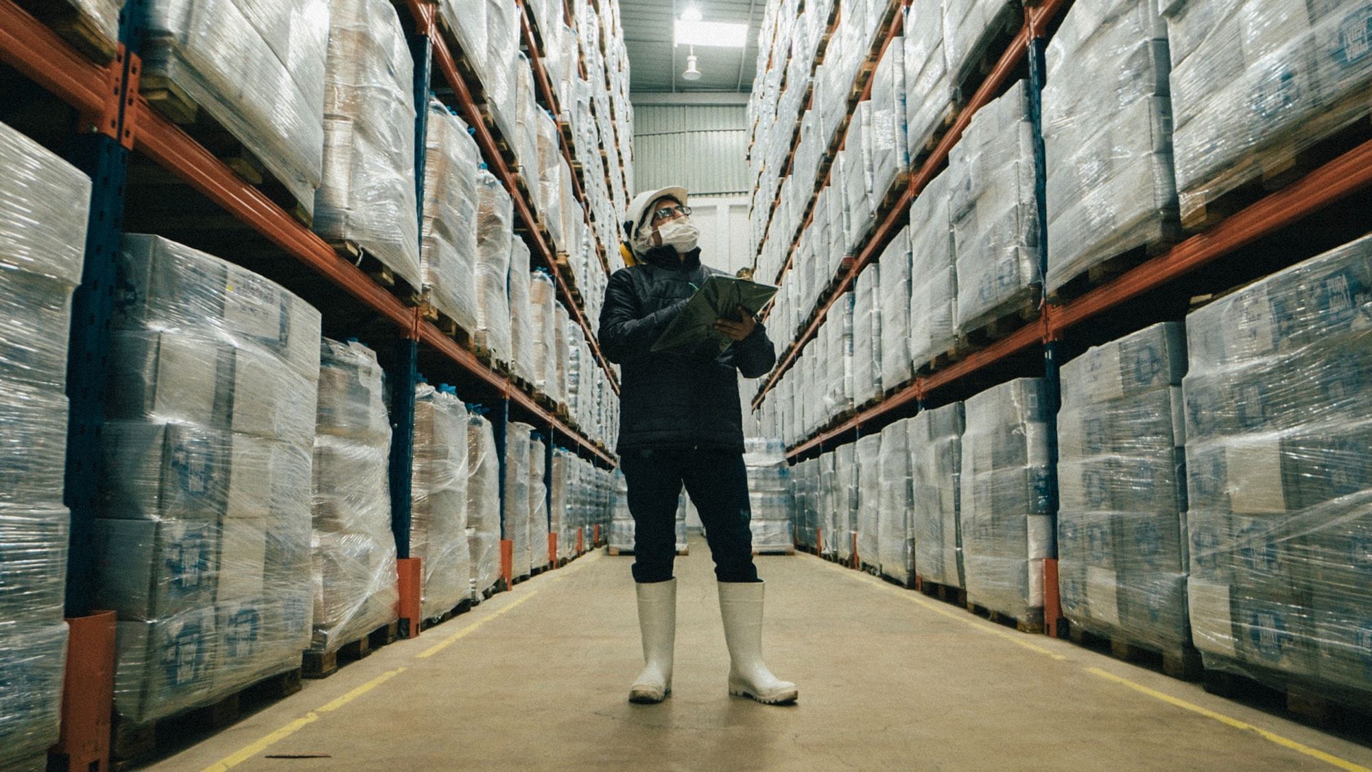 Ein Lagerarbeiter steht zwischen hohen Regalen. Er trägt einen Helm und eine Maske. In der Hand hält er ein Klemmbrett