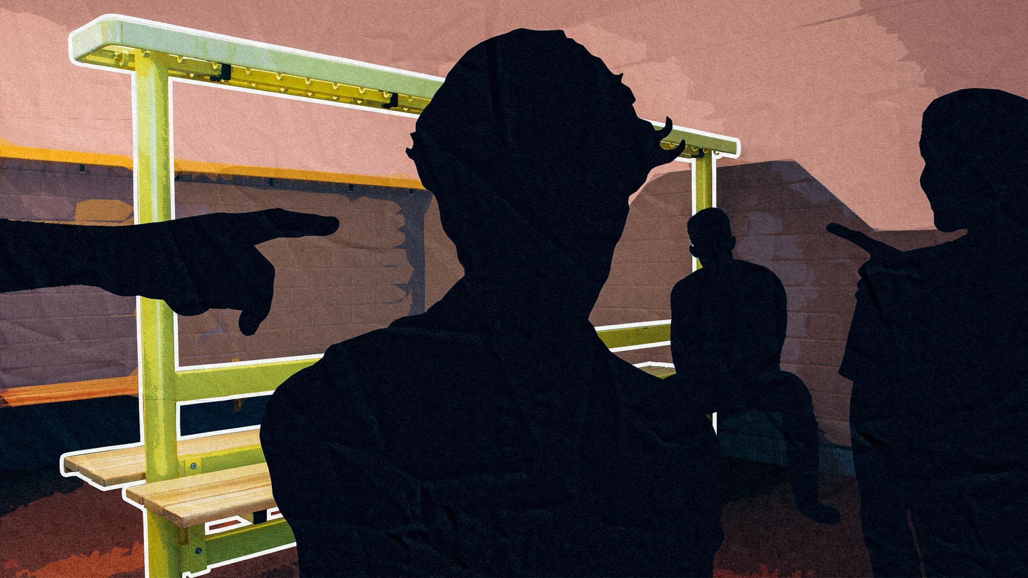 Illustration: Mehrere Jungen stehen in einer Umkleide, sie zeigen auf einen mit dem Finger.