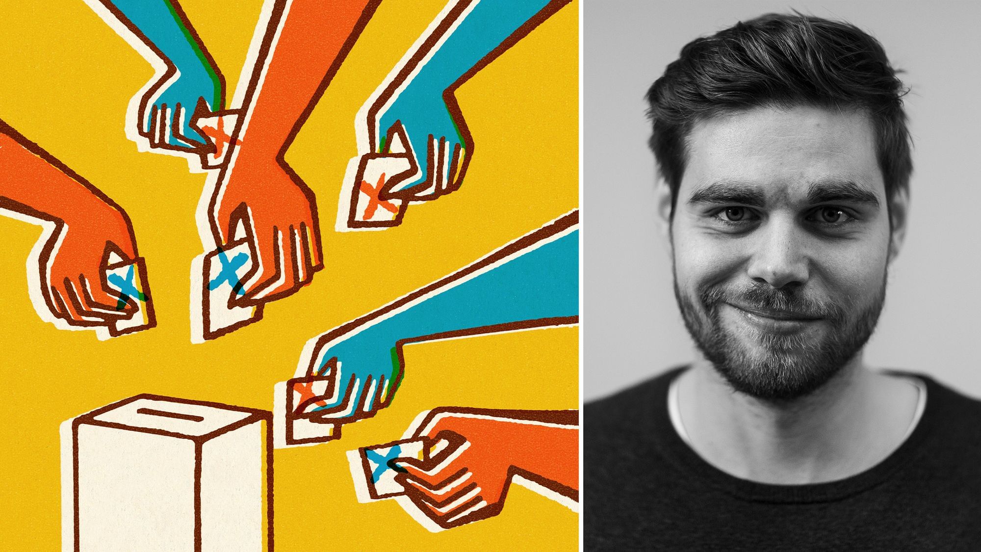 Links: Illustration. Hände stecken Stimmzettel in ein Wahlurne. Rechts: Ein Portrait von Tarek.
