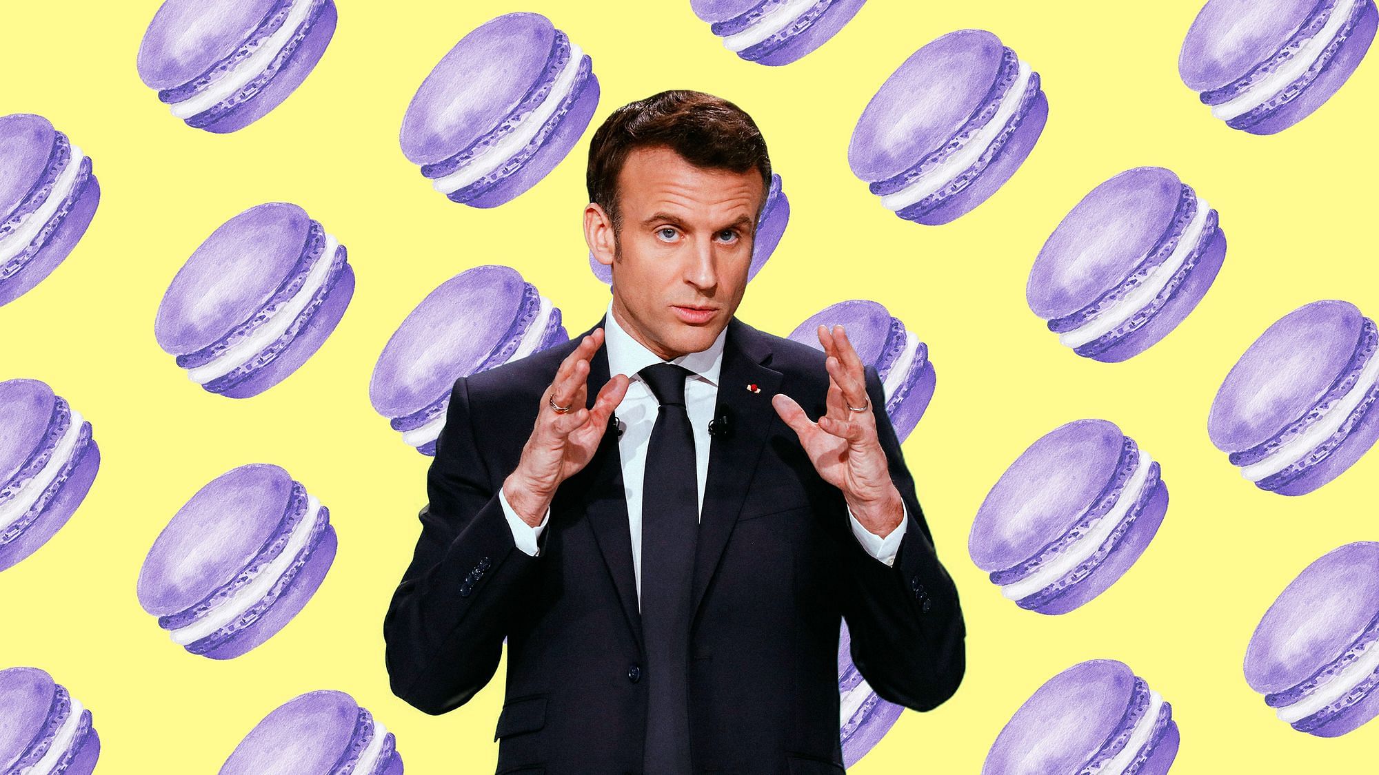 Illustration: Emmanuel Macron blickt ernst in die Kamera. Im Hintergrund ist ein Muster: Violette Makronen auf hellgelbem Grund.