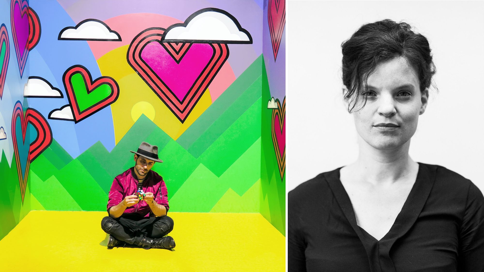 Links: Ein Mann sitzt in einem bunten Raum, in den Händen hält er einen Zauberwürfel. Rechts: Ein Portrait von Theresa. 