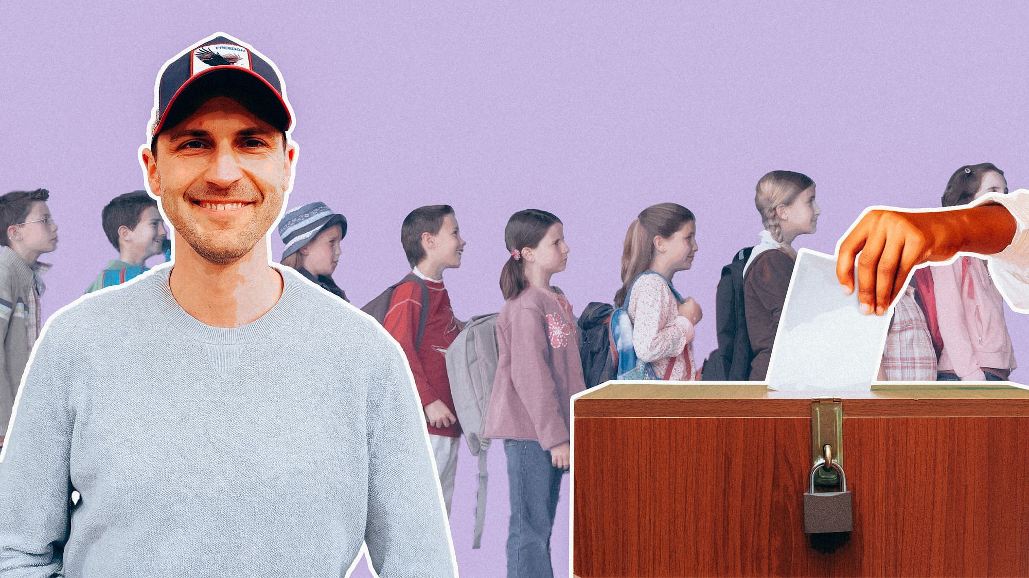 Im Vordergrund sieht man Wolfgang Gründinger und eine Hand, die einen Stimmzettel in eine Wahlurne wirft. Im Hintergrund ist eine Schlange von Kindern zu sehen. 