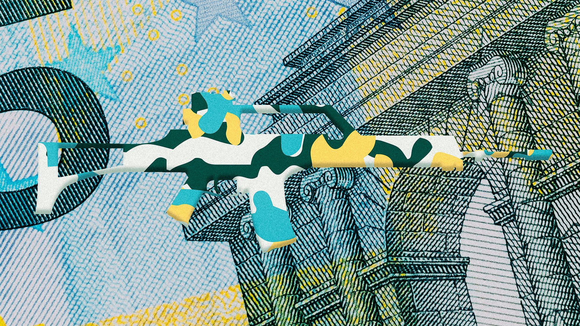 Illustration: Eine Waffe mit Flecktarn-Muster liegt auf dem Ausschnitt eines Geldscheins.
