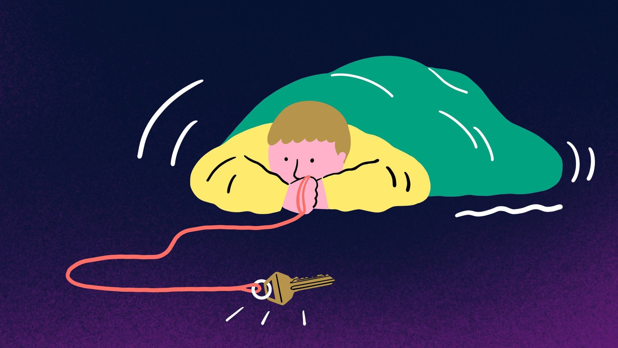 Man sieht eine nachdenkliche aussehende Figur, sie liegt auf dem Bauch und hält an einer langen Schnur einen Schlüssel in der Hand.