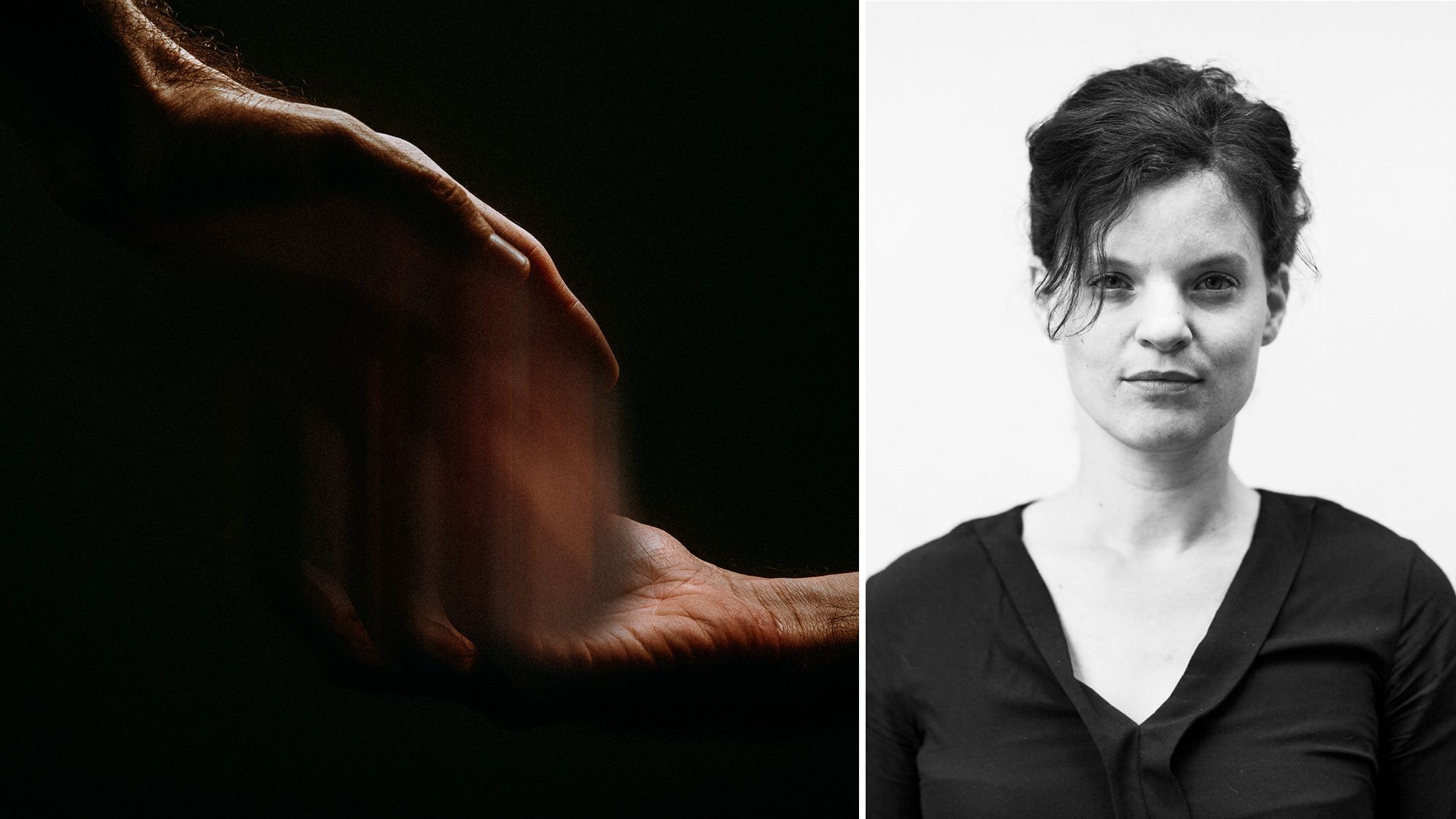 Links: Zwei hände werden übereinander gehalten. Sie verschmilzen. Rechts: Ein Portrait von Theresa.