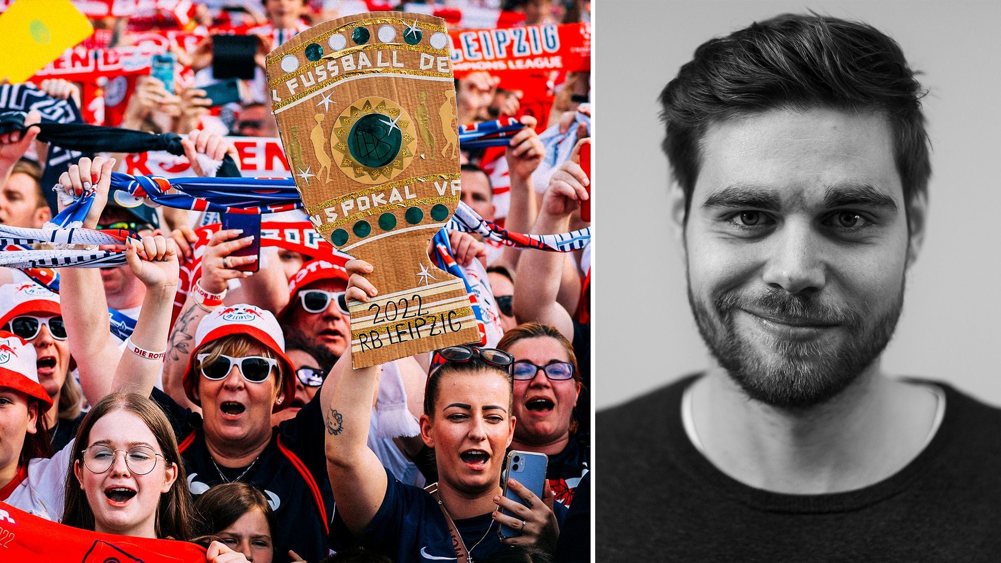 Links: Fans stehen gedrängt bei der Pokalfeier, ihre Gesichter sind zur Kamera gerichtet. Viele halten Fan-Schals in die Höhe. Eine Frau hält einen gebastelten DFB-Pokal aus Pappe. Rechts: Ein Portrait von Tarek.