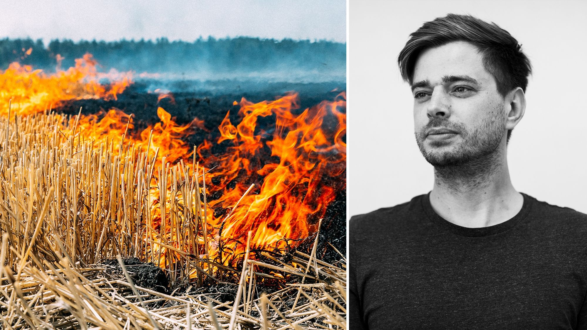 Links sieht man ein brennendes Kornfeld, rechts den Autor Rico Grimm