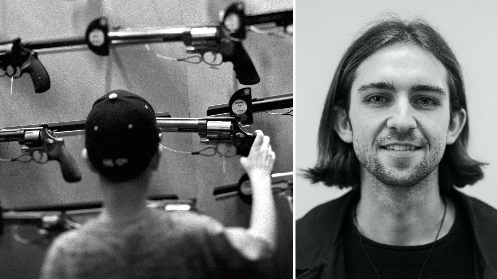 Wir sehen auf der linken Seite einen jungen Menschen, der sich verschiedene Pistolen ansieht – und rechts das Porträt des Autors Benjamin Hinrichs. 