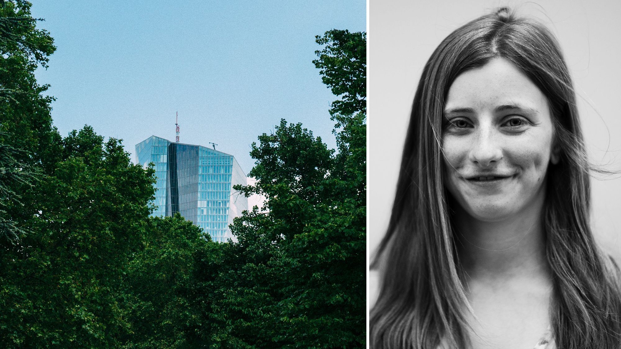 Links das EZB-Gebäude, von Bäumen umgeben, rechts ein Bild von Rebecca Kelber