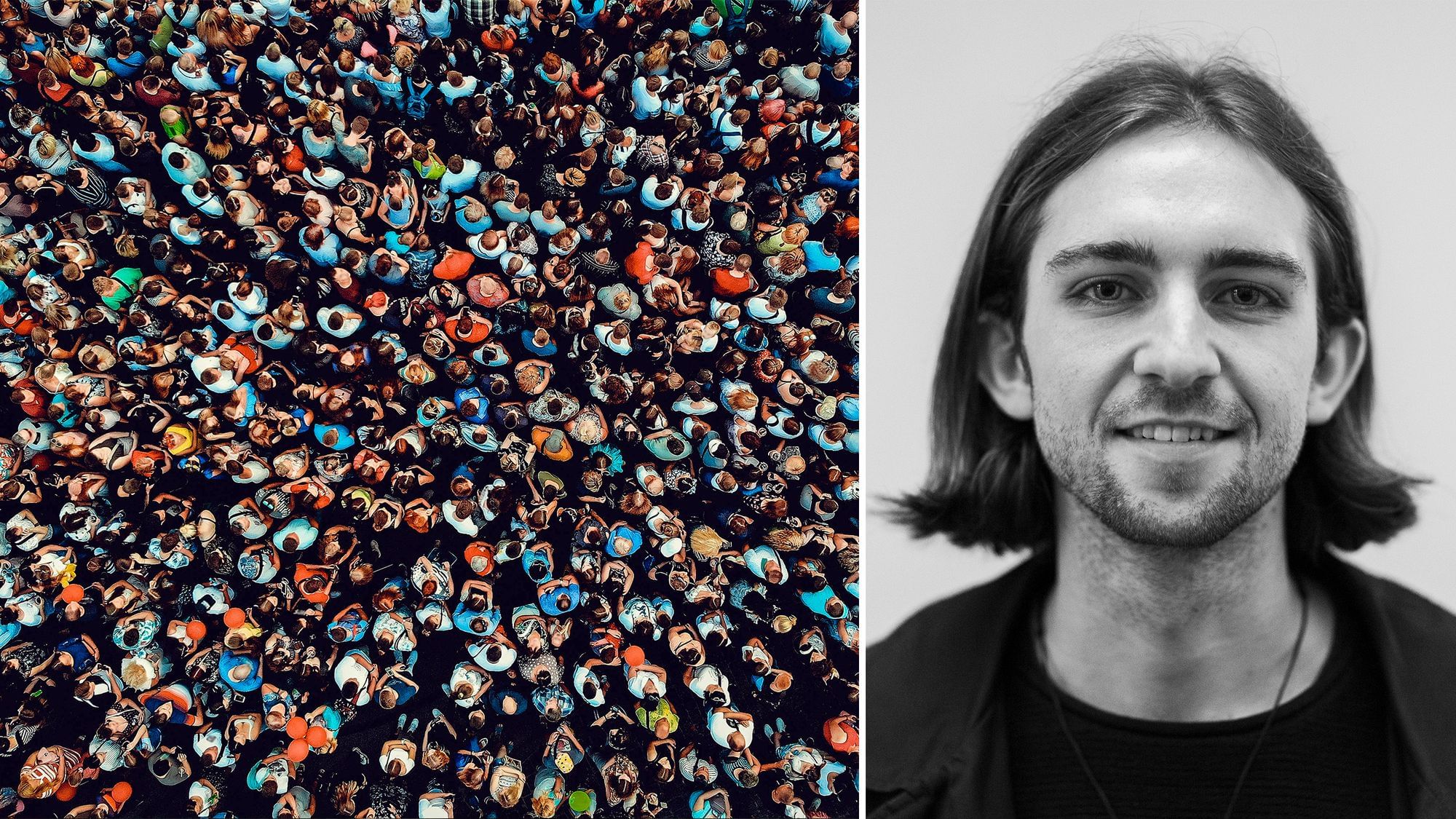Links: Eine große Menschenmenge von oben. Rechts: Ein Foto von Ben