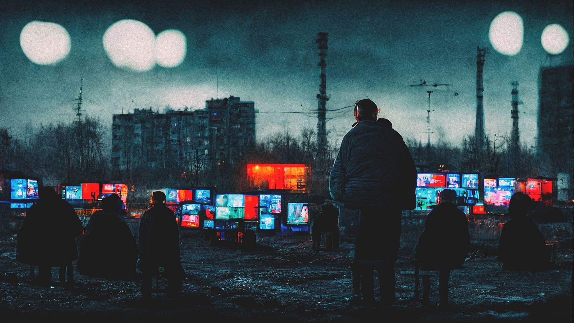 Menschen sitzen unter freiem Himmel vor einer Wand aus Fernsehern. Dahinter sieht man hohe Wohnblöcke, der Himmel ist grau.