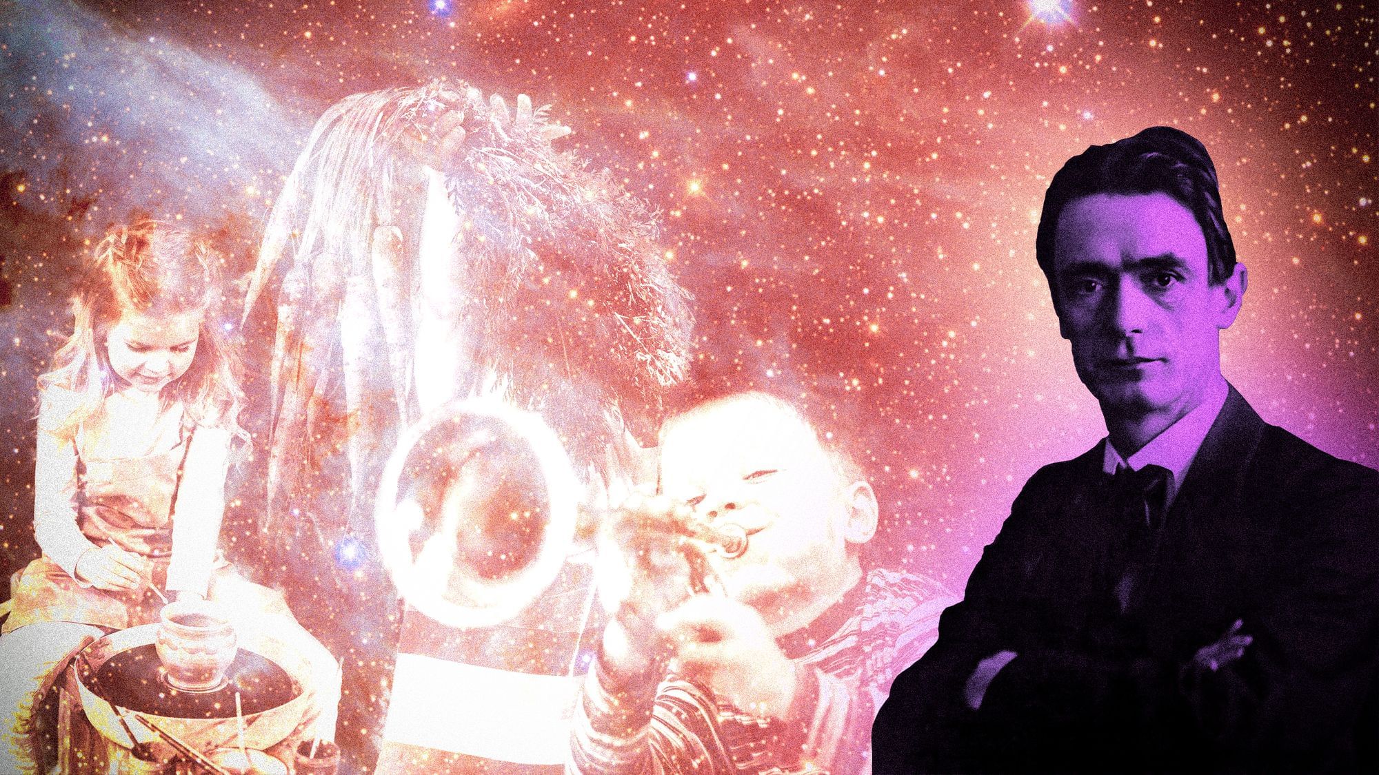 Ein Kind spielt Trommel, ein zweites Trompete und ein Kind zieht Mohrrüben aus der Erde und hält sie hoch.