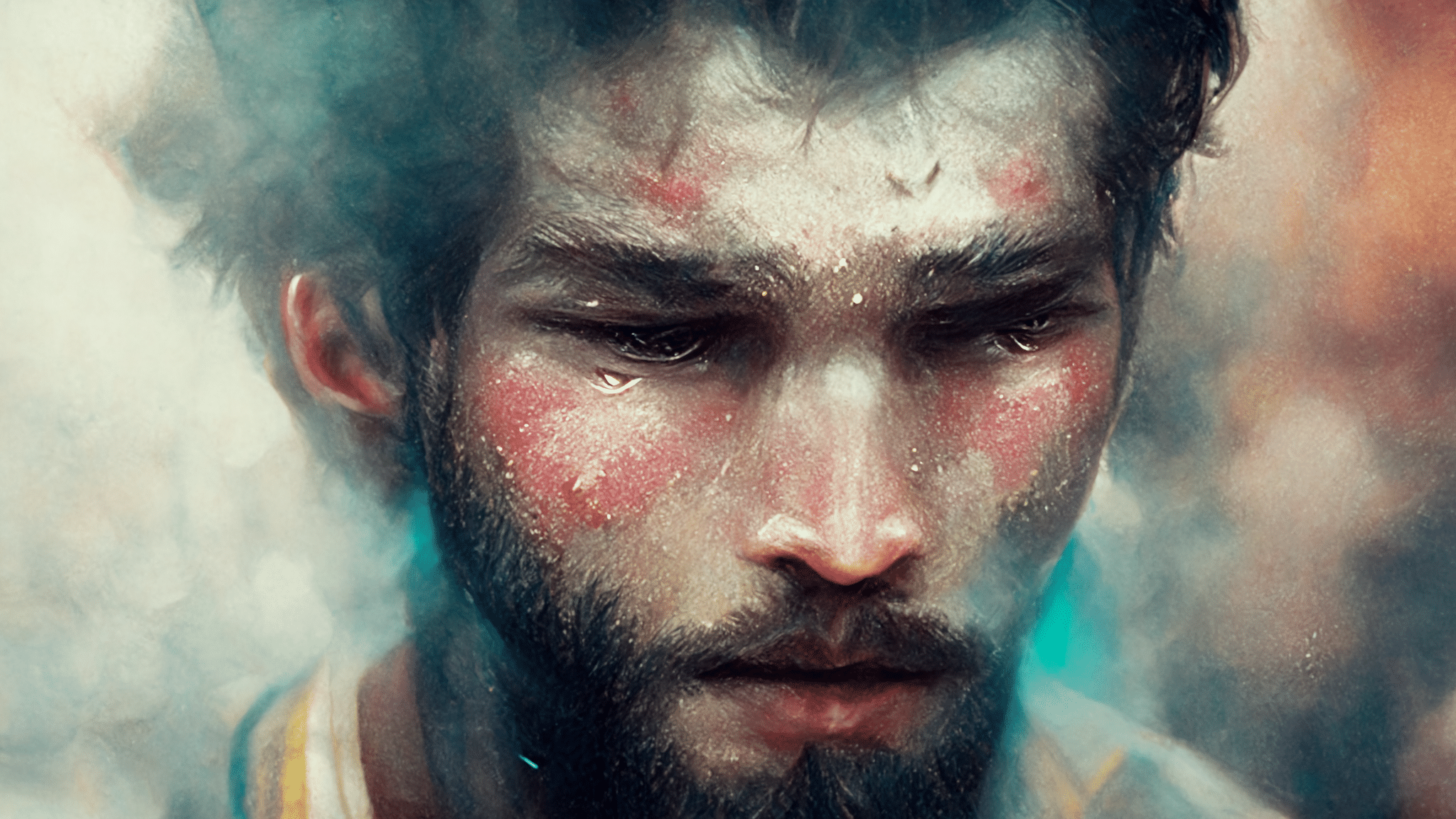 Eine Person mit Bart schwitzt und hat rote Haut im Gesicht, sie leidet unter der Hitze. Das Bild ist generiert durch künstliche Intelligenz.