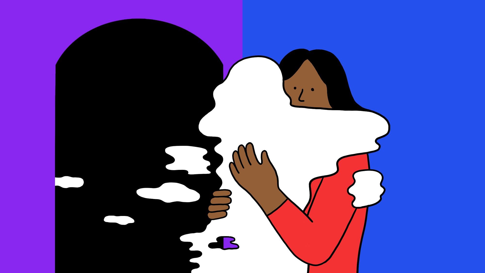 Illustration: Zwei Menschen umarmen sich, einer von ihnen besteht jedoch nur noch aus Rauch, der zur Tür hinausschwebt