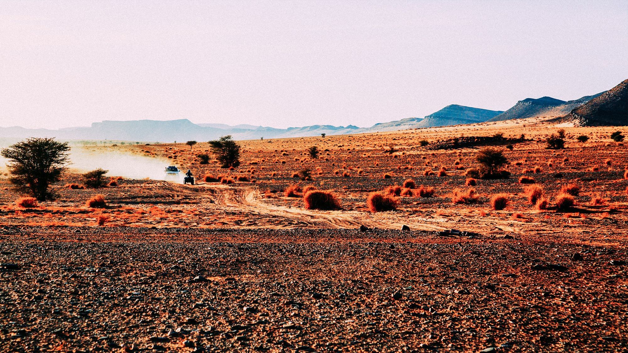 Zwei Fahrzeuge fahren durch eine Steinwüste. Im Hintergrund sind Berge zu sehen. 