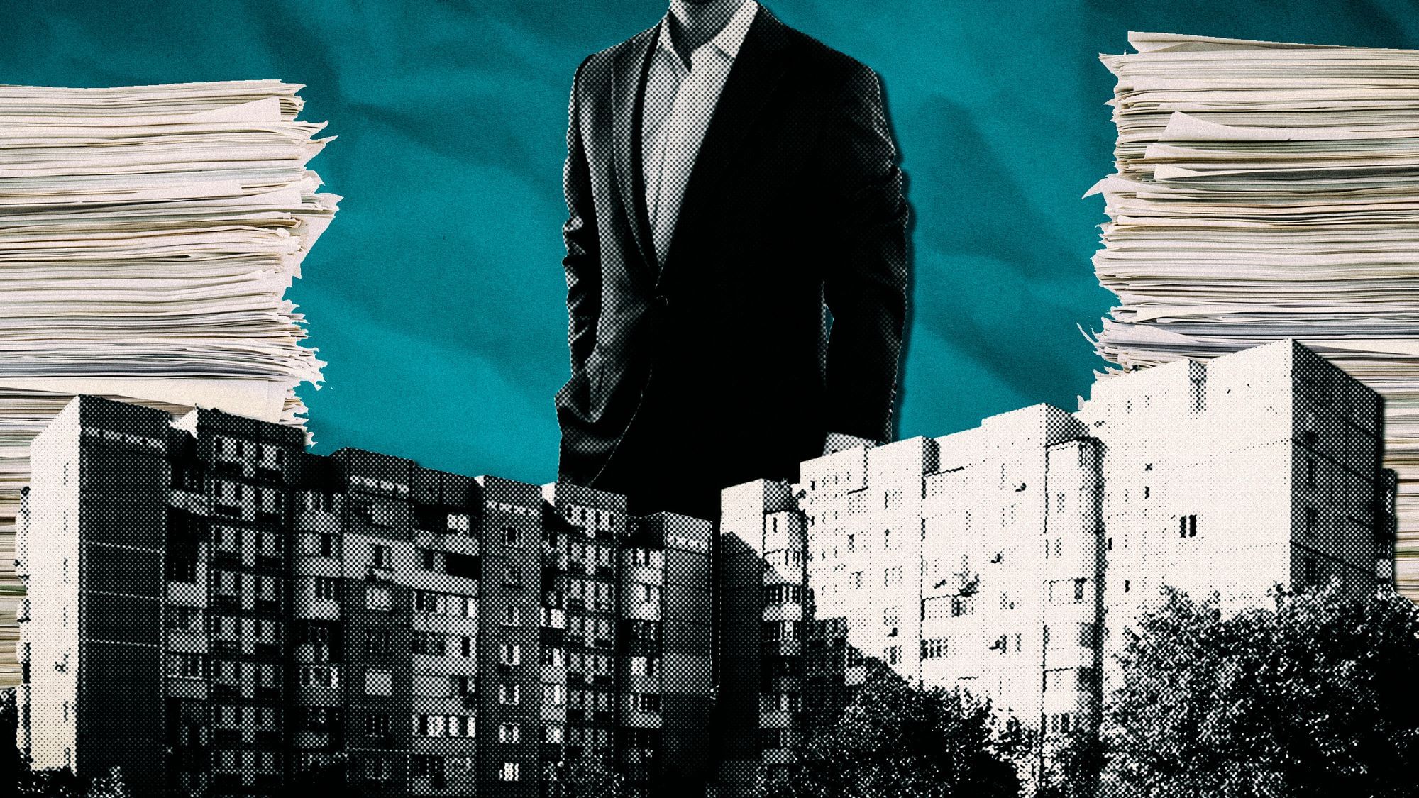 Collage: Ein Mann steht hinter einem Wohnblock, links und rechts stapeln sich Akten.