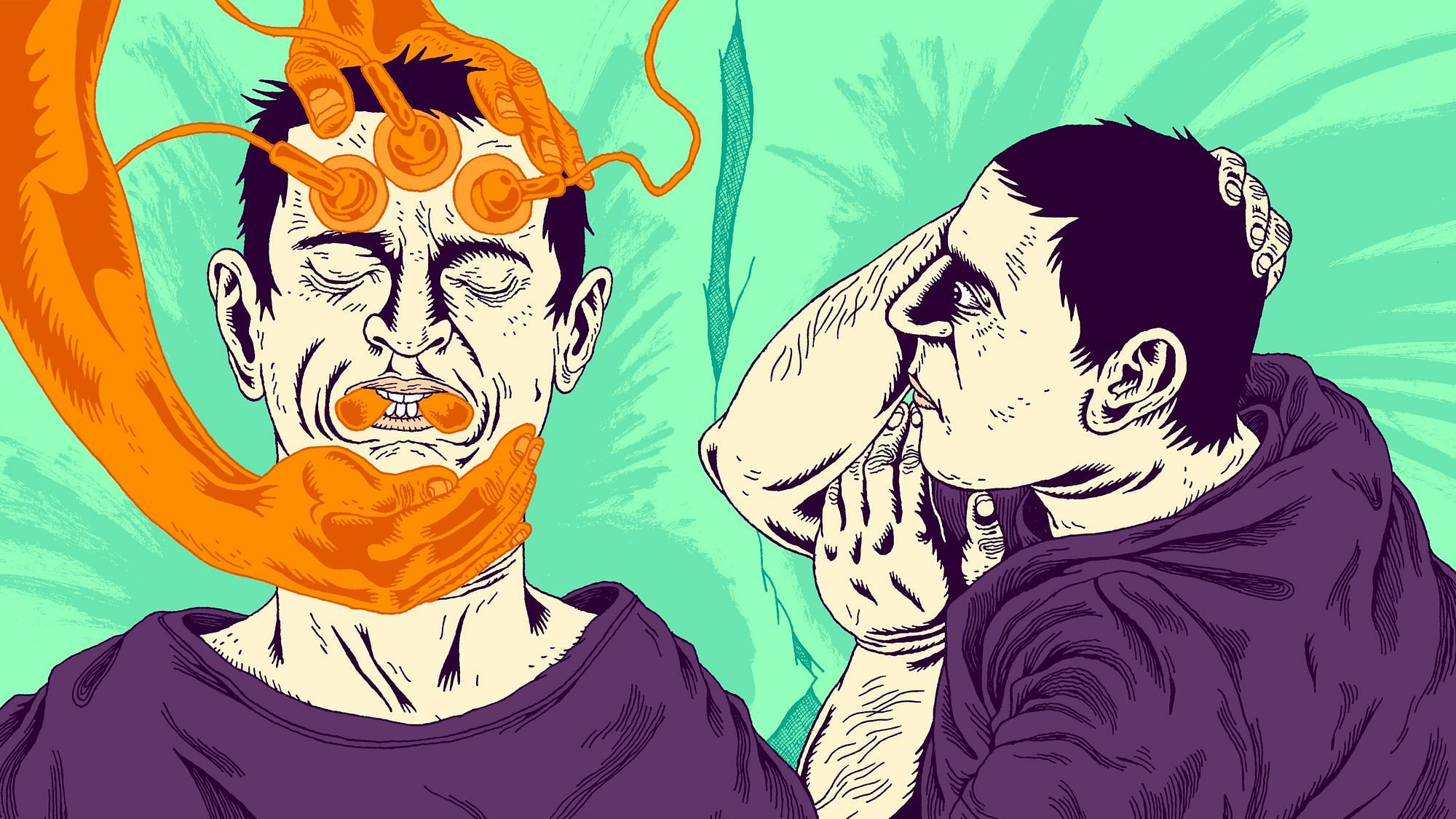 Wir sehen zwei Menschen auf einem Bett liegen. Auf der linken Seite einen Mann, der gerade eine EKT bekommt, auf der rechten einen, der besorgt zusieht.