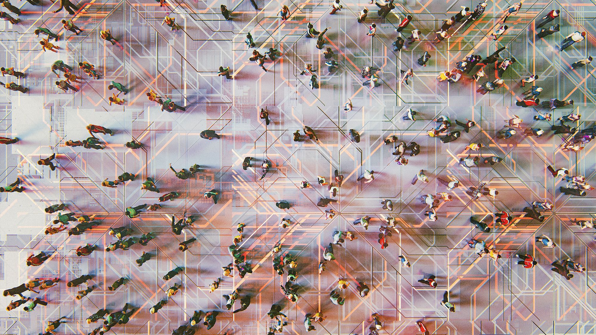 Man schaut von oben auf eine Fläche, die aussieht wie eine Festplatte. Aber darauf stehen an den unterschiedlichsten Punkten des Netzwerkes viele Menschen.