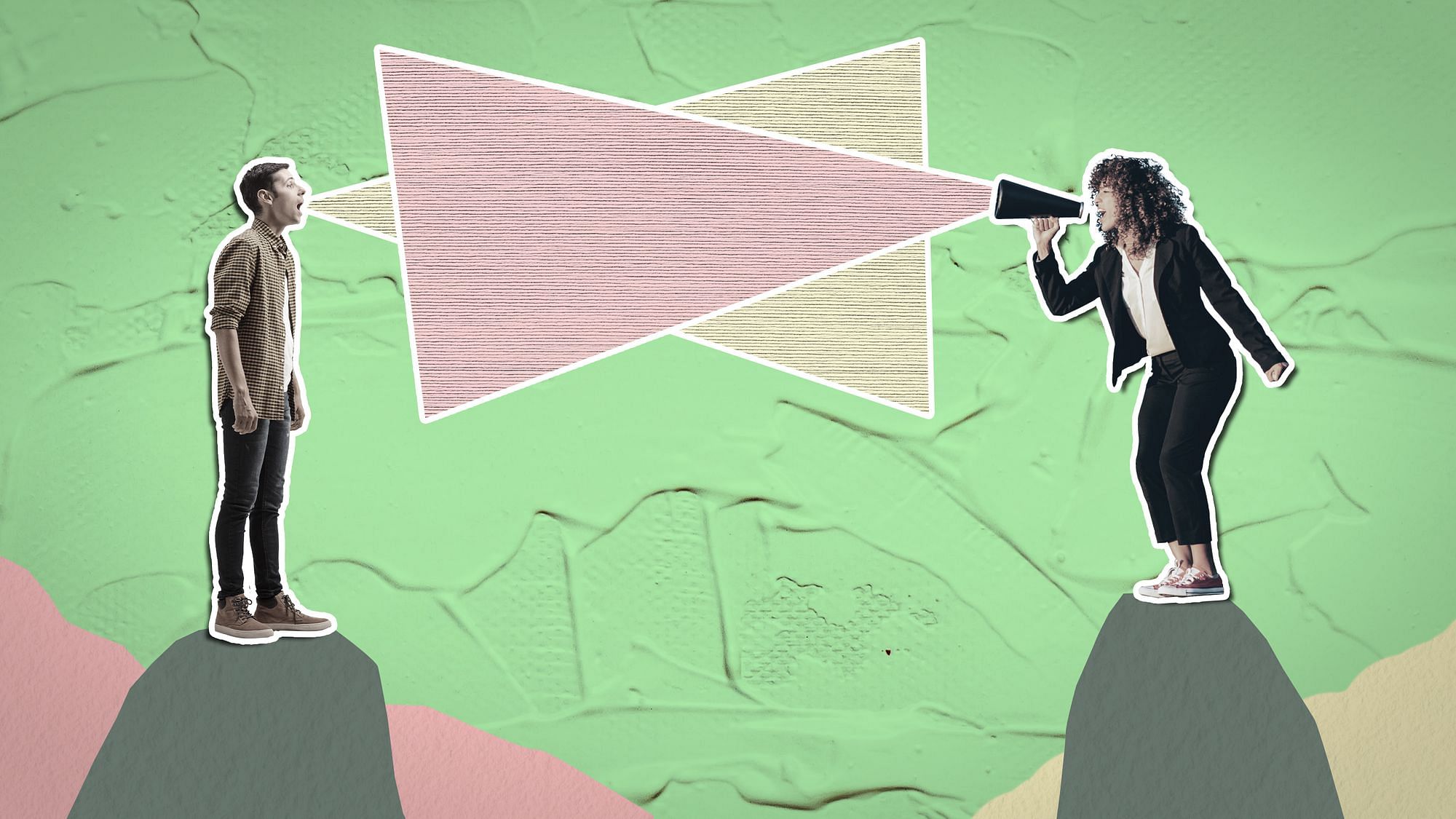 Collage: Ein weißer Mann und eine schwarze Frau schreien sich an. Sie stehen weit voneinander entfernt.