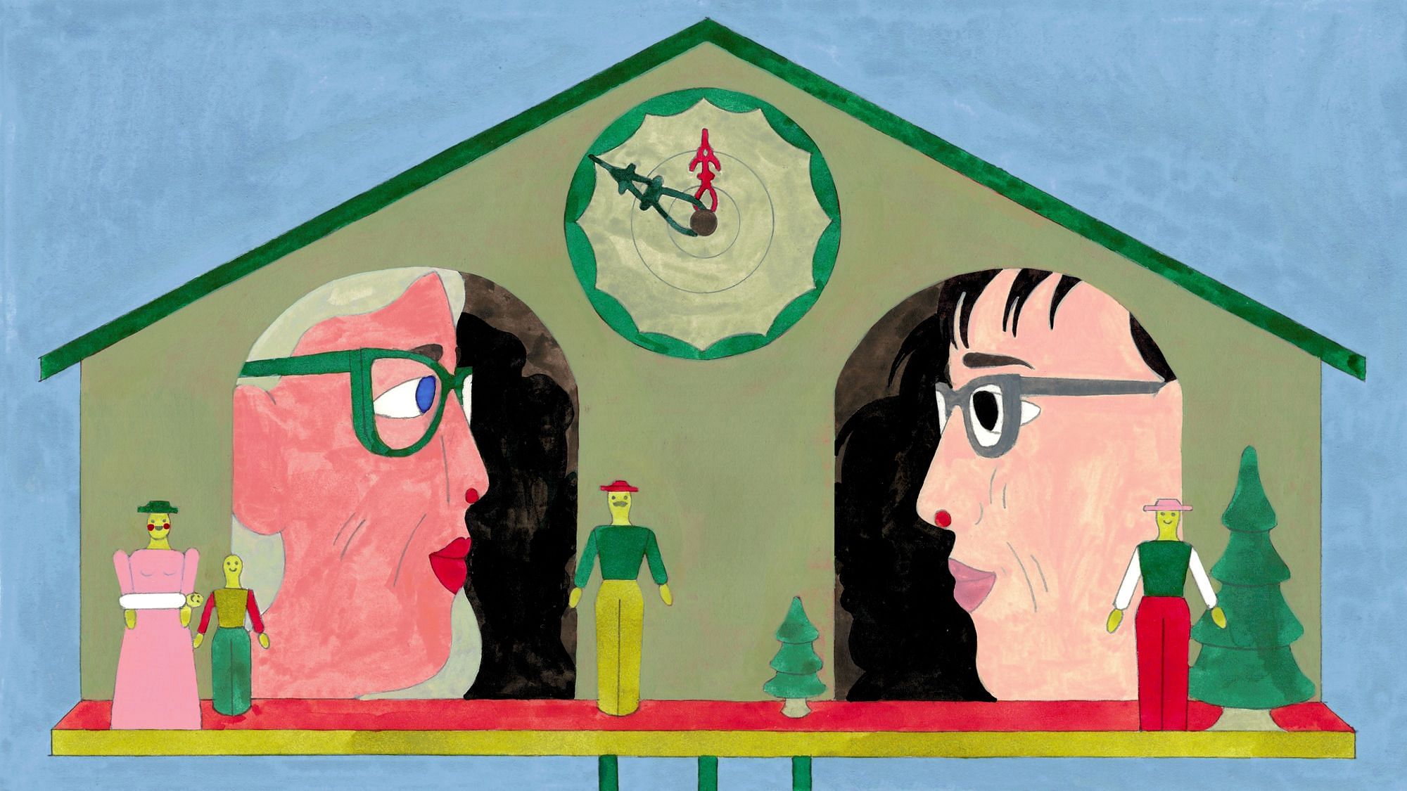 Man sieht ein gezeichnetes Bild: Blauer Hintergrund, davor eine Art Kukuckshaus, die zwei Gesichter in den zwei Fenstern blicken sich an, sie lächeln ganz leicht.