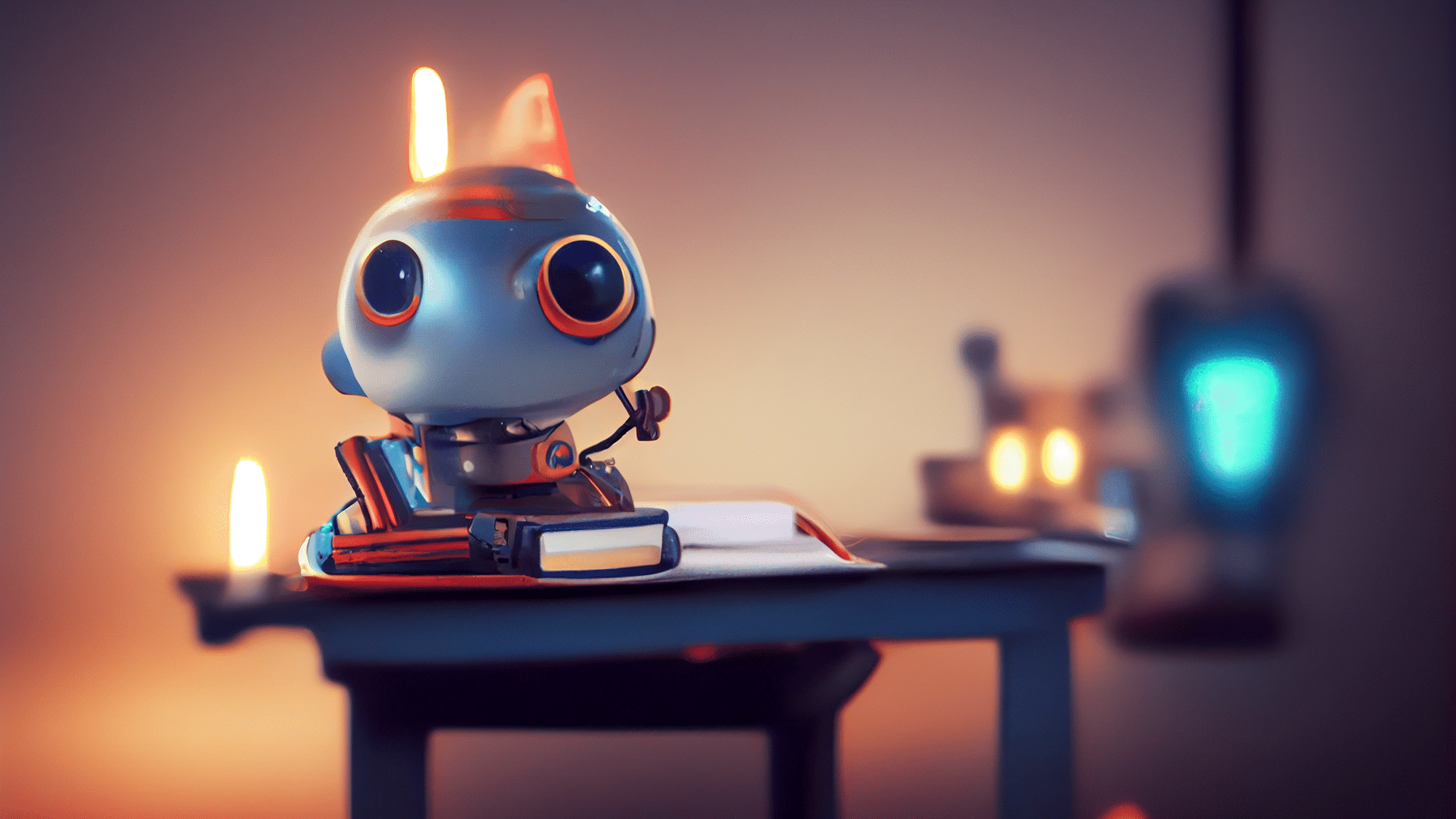 Ein kleiner Roboter sitzt auf einem Haufen Bücher und denkt nach.