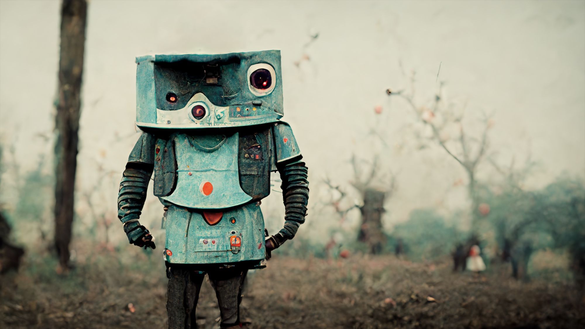 Ein Mensch steht in einer herbstlichen Szene draußen. Er hat sich als Roboter verkleidet.