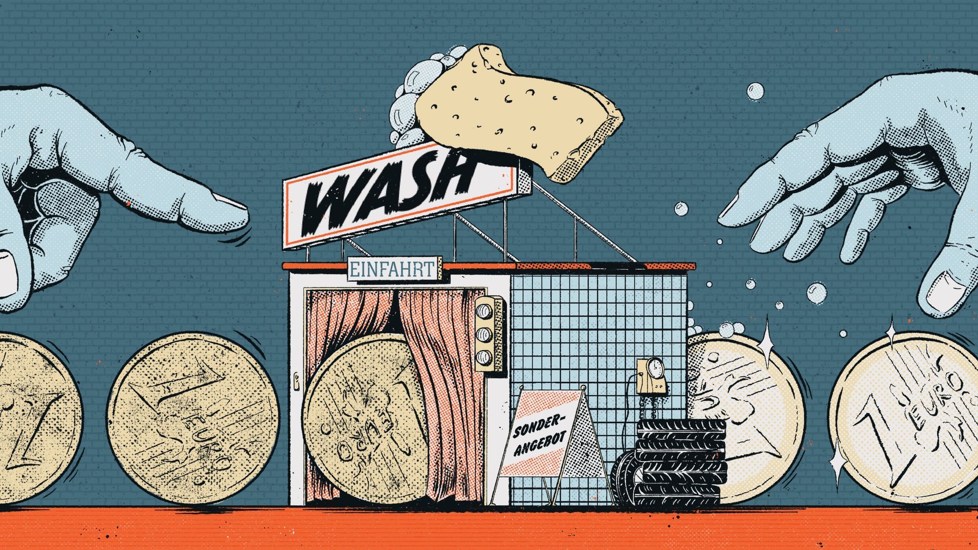Illustration: Zwei große Hände rollen sich durch eine Waschstraße hindurch Münzen zu. Links gehen die Münzen dreckig hinein und kommen rechts sauber wieder heraus.