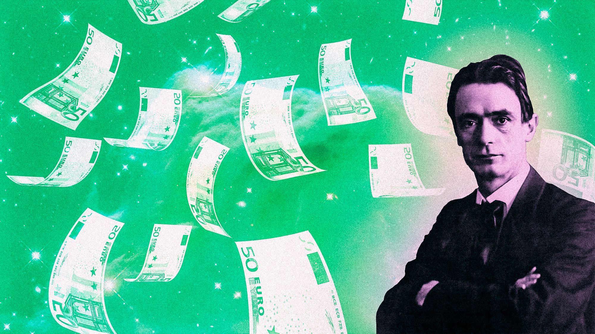 Rechts im Bild ist der Gründer der Waldorfschulen, Rudolf Steiner, zu sehen. Auf ihn regnen 50-Euro-Scheine.