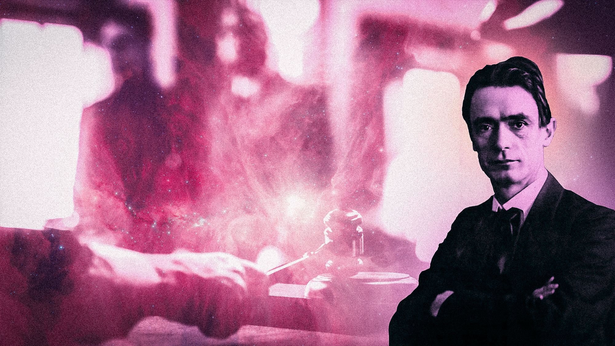 Auf der rechten Bildseite ist der Gründer der Waldorfschulen, Rudolf Steiner, zu sehen. Links sieht man, wie die Hand eines Richters oder einer Richterin den Richterhammer aufschlägt.