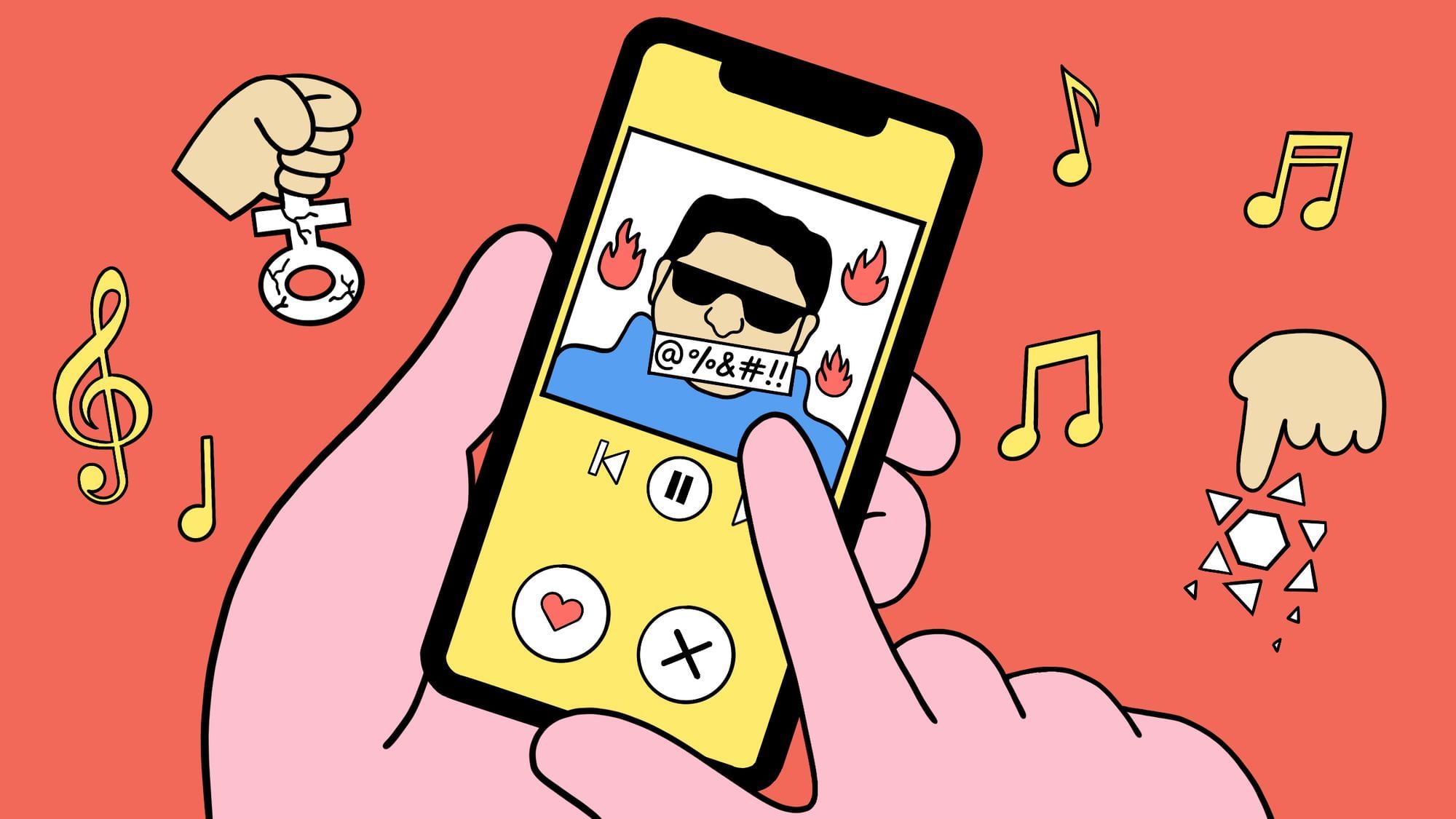 In der Zeichnung sieht man zwei Hände, die ein Handy halten, auf dem Musik läuft. Im Display des Handys sieht man einen Mann gezeichnet, er soll ein Künstler sein, der flucht. Um das Handy herum schwirren im Hintergrund Noten, die andeuten sollen, dass Musik abgespielt wird.