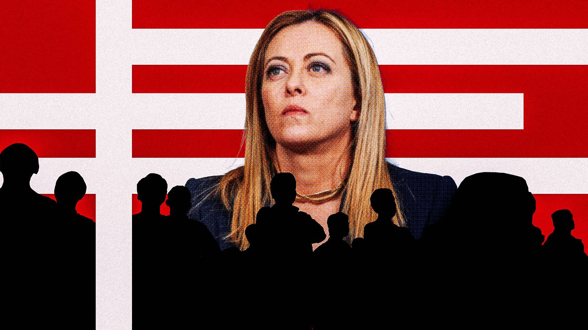 Collage: Giorgia Meloni blickt in die Ferne. Vor ihr steht eine anonyme Masse im Schatten. Der Hintergrund ist rot.