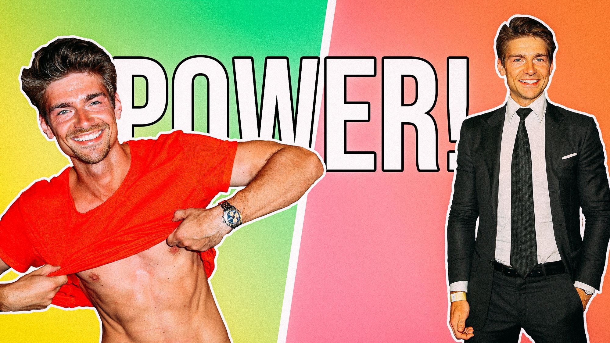 Collage: 2 Fotos von Jeremy Fragrance, links zieht er sein T-Shirt aus, rechts trägt er einen Anzug. Im Hintergrund steht „Power!“.