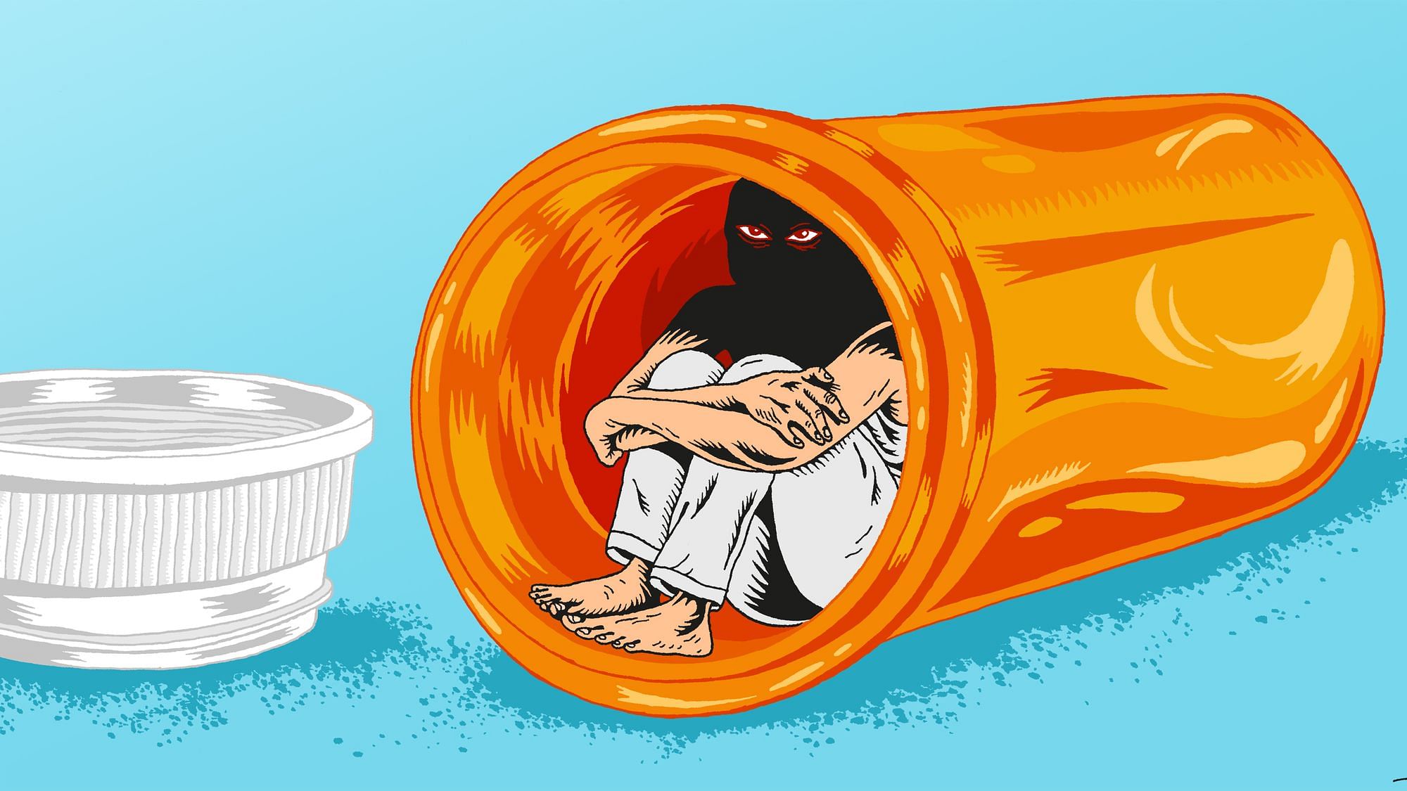 Illustration: Ein Mensch kauert in einer orangefarbenen Pillendose, sein Gesicht liegt im Schatten.