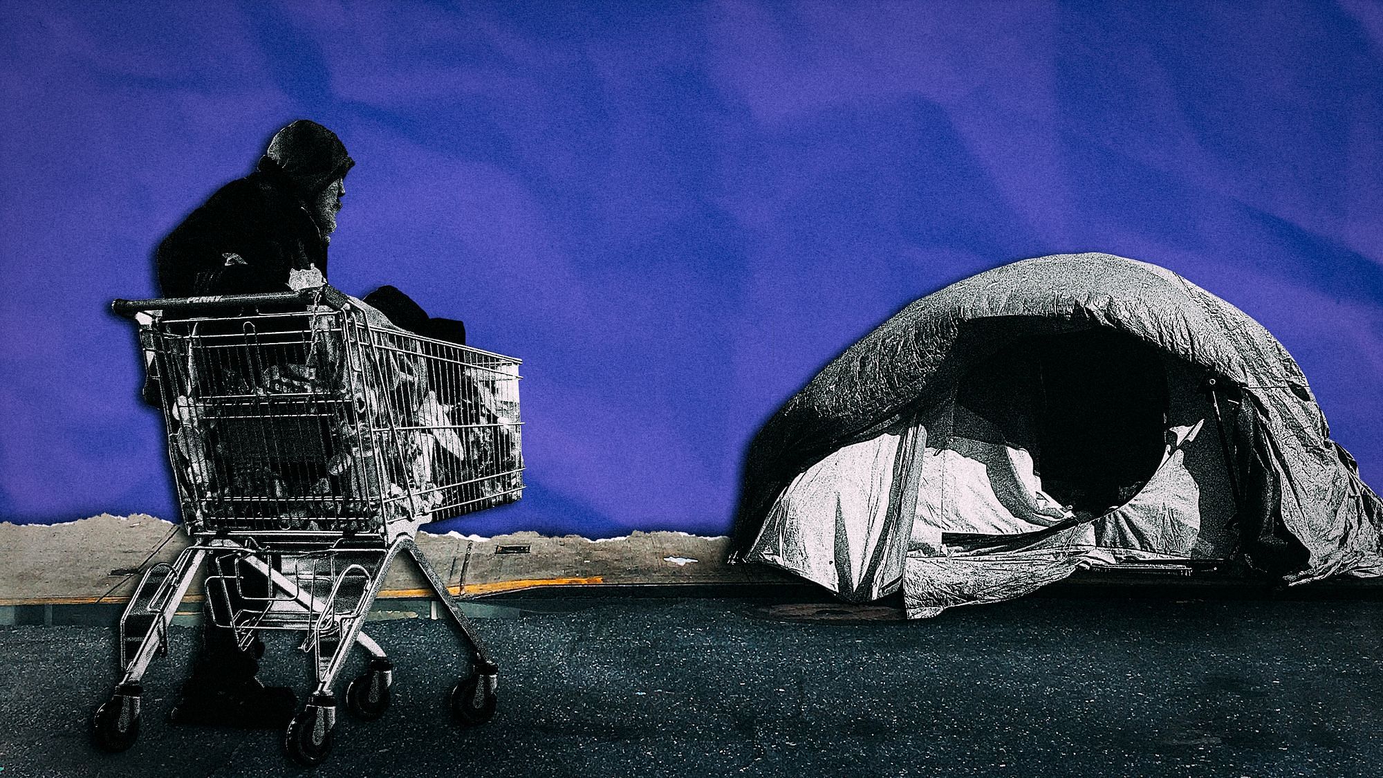 Das Bild ist eine Collage, Man sieht in grau-schwarz einen Mann mit Hoodie, Kapuze auf dem Kopf, er hat einen langen Bart und schiebt einen Einkaufswagen mit Sachen neben sich. Er schaut auf ein Zelt, das in der anderen Ecke des Bildes steht.