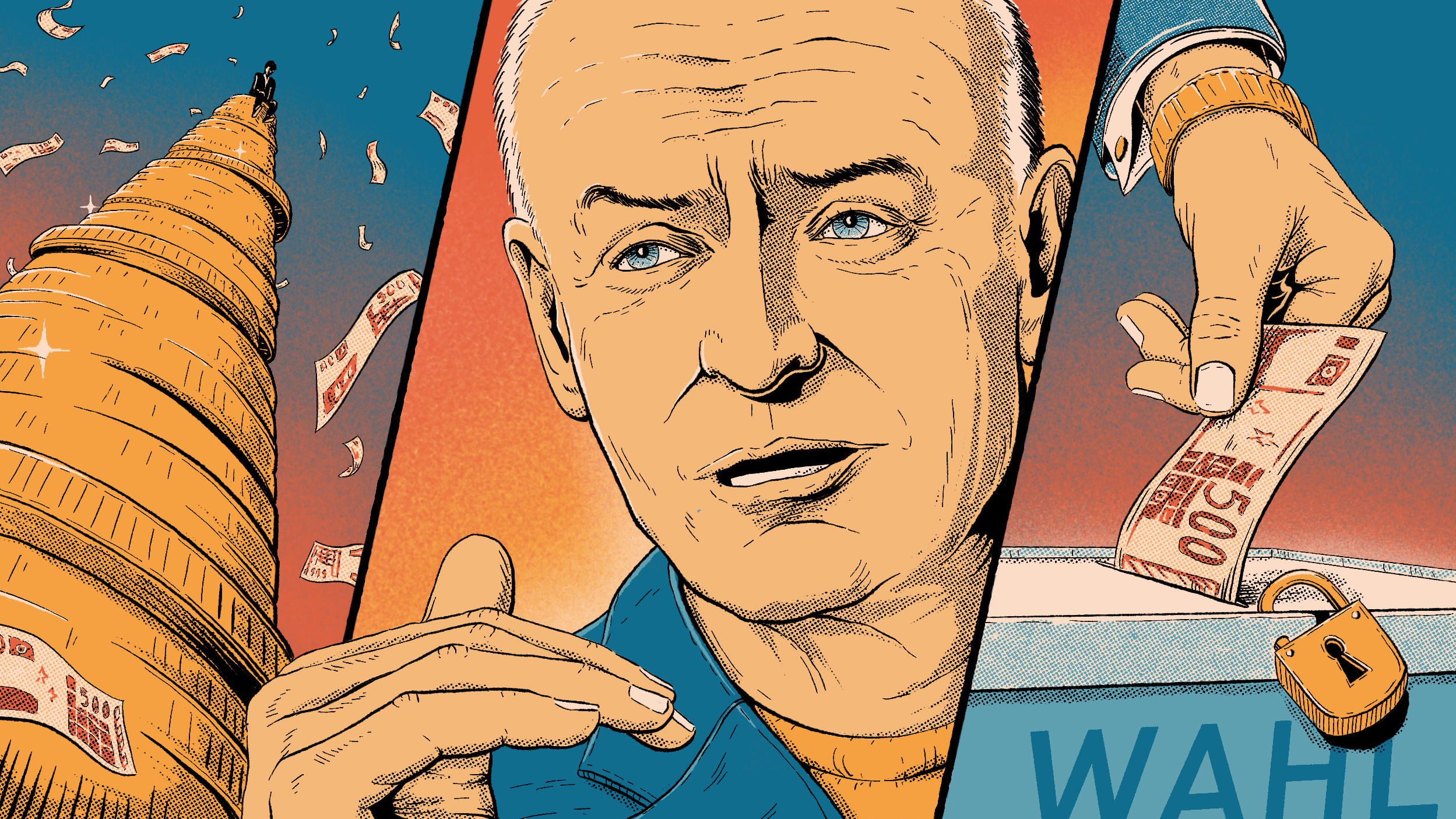 ein Dreiteiler , in der Mitte eine Illustration von Martin Schürz