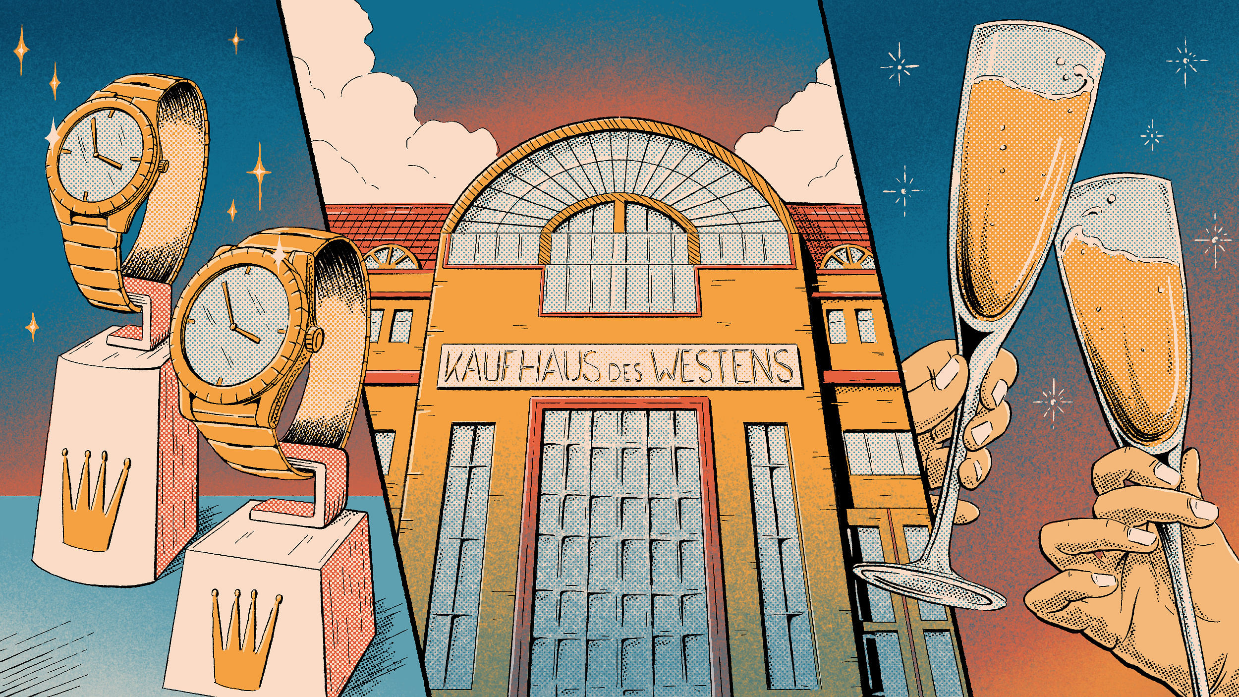Eine Illustration zeigt Rolex-Uhren, die Fassade des KaDeWe in Berlin und Champagner-Gläser