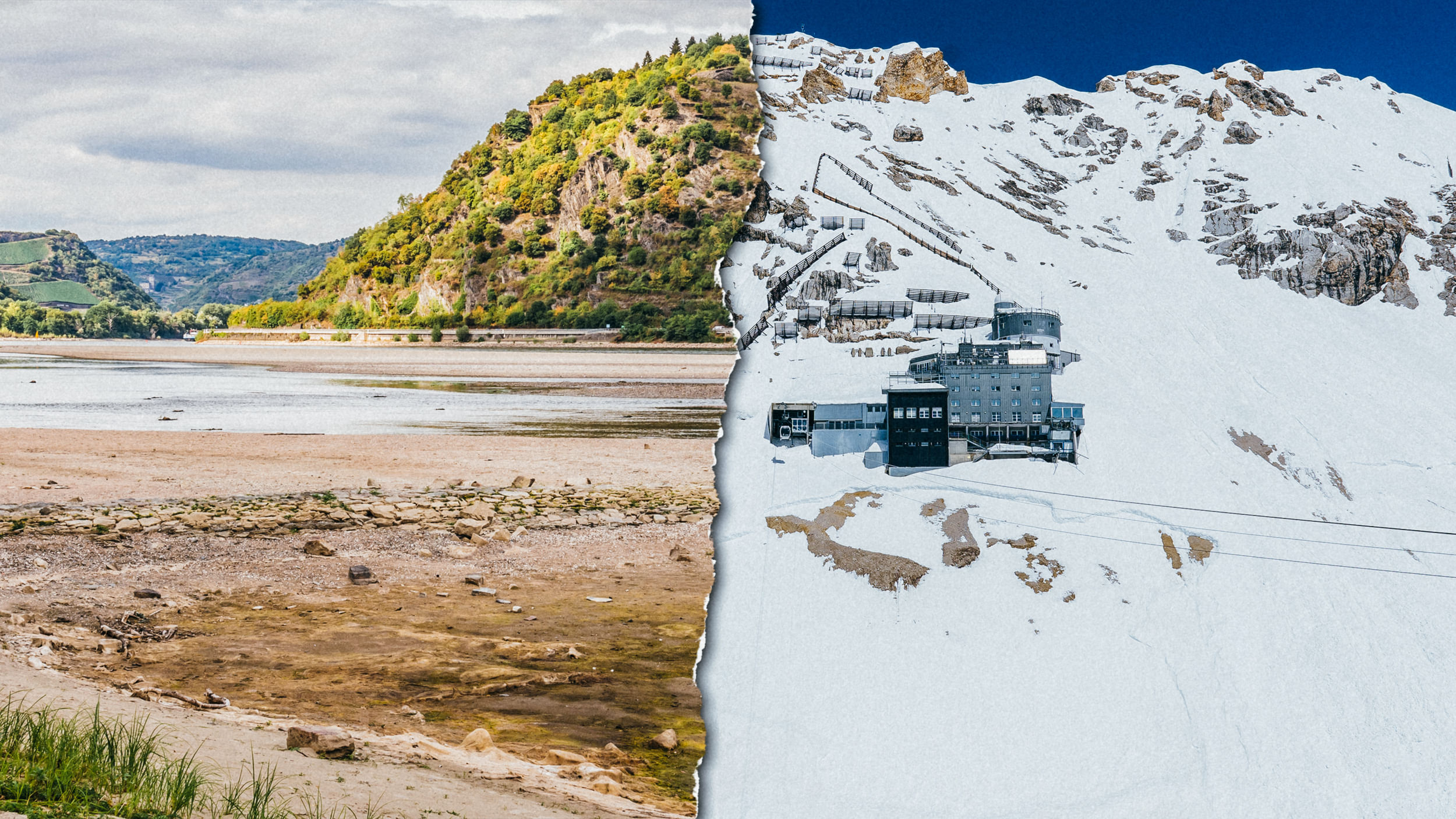 Collage: Links: Ein trockenes Flussbett. Rechts: Ein schneebedeckter Gipfel.