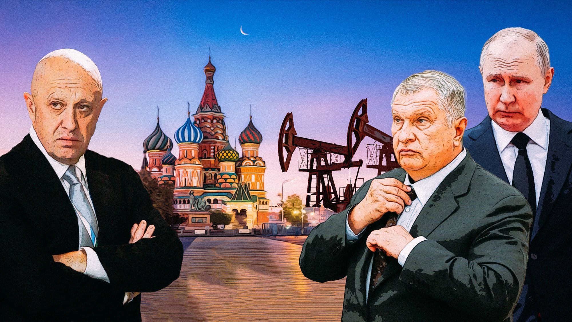 Collage im GTA-Style mit Putin, seinem Handlanger Setschin und seinem Widersacher Prigoschin 