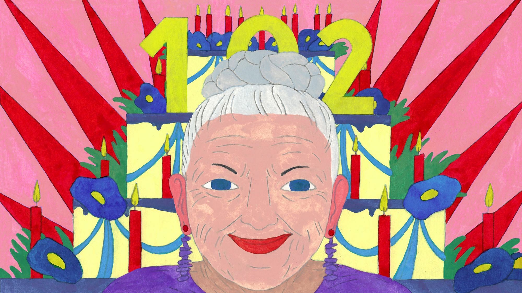 Man sieht eine Zeichnung mit dem Kopf einer alten, lächelnden Dame, die ihr weißes langes Haar wie eine Krone geflochten auf dem Kopf trägt. Im Hintergrund sieht man eine Geburtstagstorte, auf der eine 102 prankt, weil die Frau 102 Jahre alt ist.