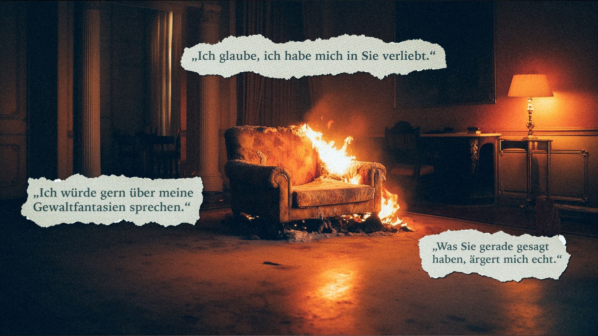 Collage: Ein brennender Sessel in einem Zimmer. Abgerissene Textfetzen hängen in der Luft.