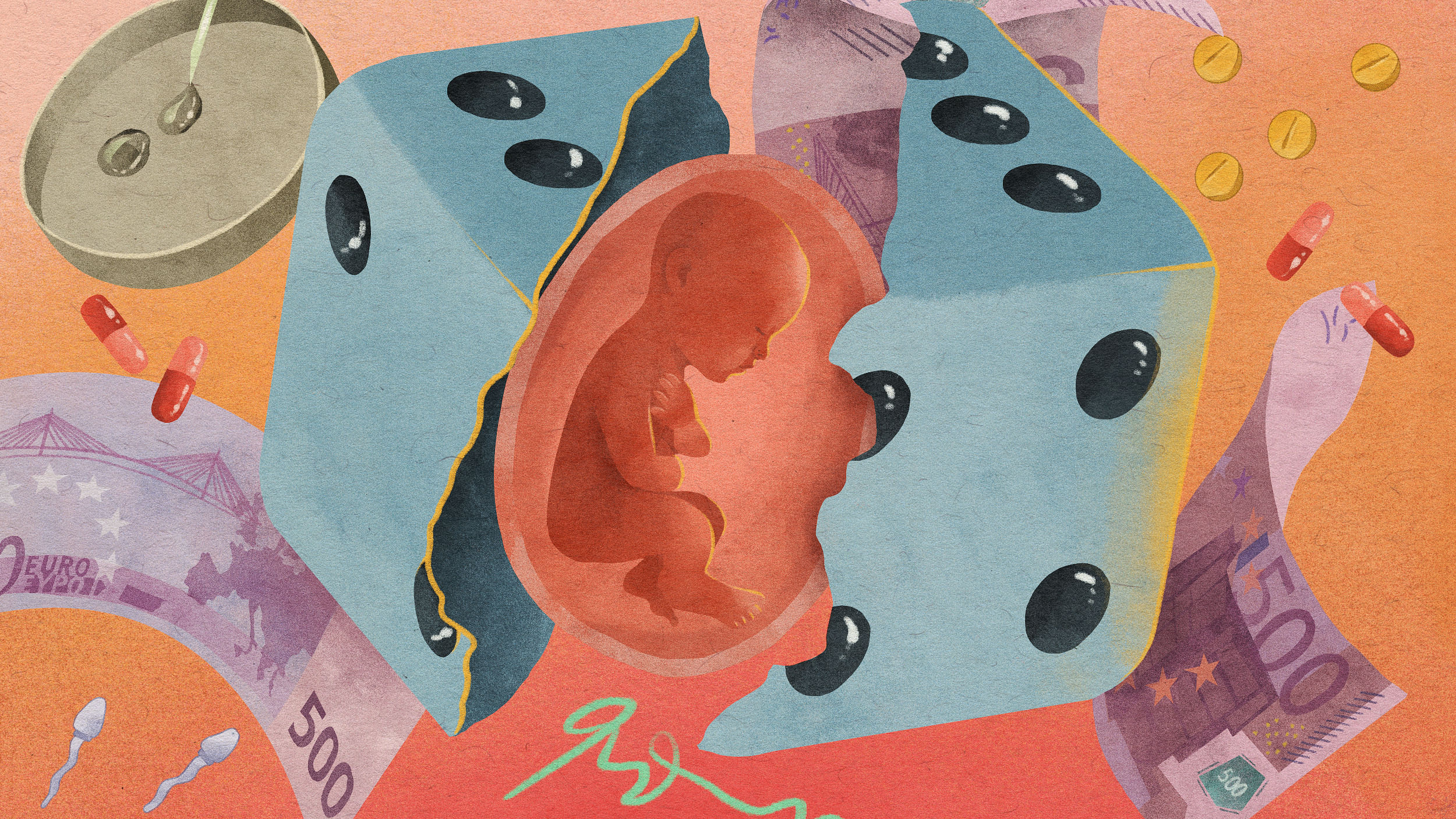 Man sieht eine Illustration: ein Baby in einer Fruchtblase steckt zwischen zwei Würfelhälften, ansonsten fliegen noch Geldscheine, eine Petrischale und Pillen durchs Bild.