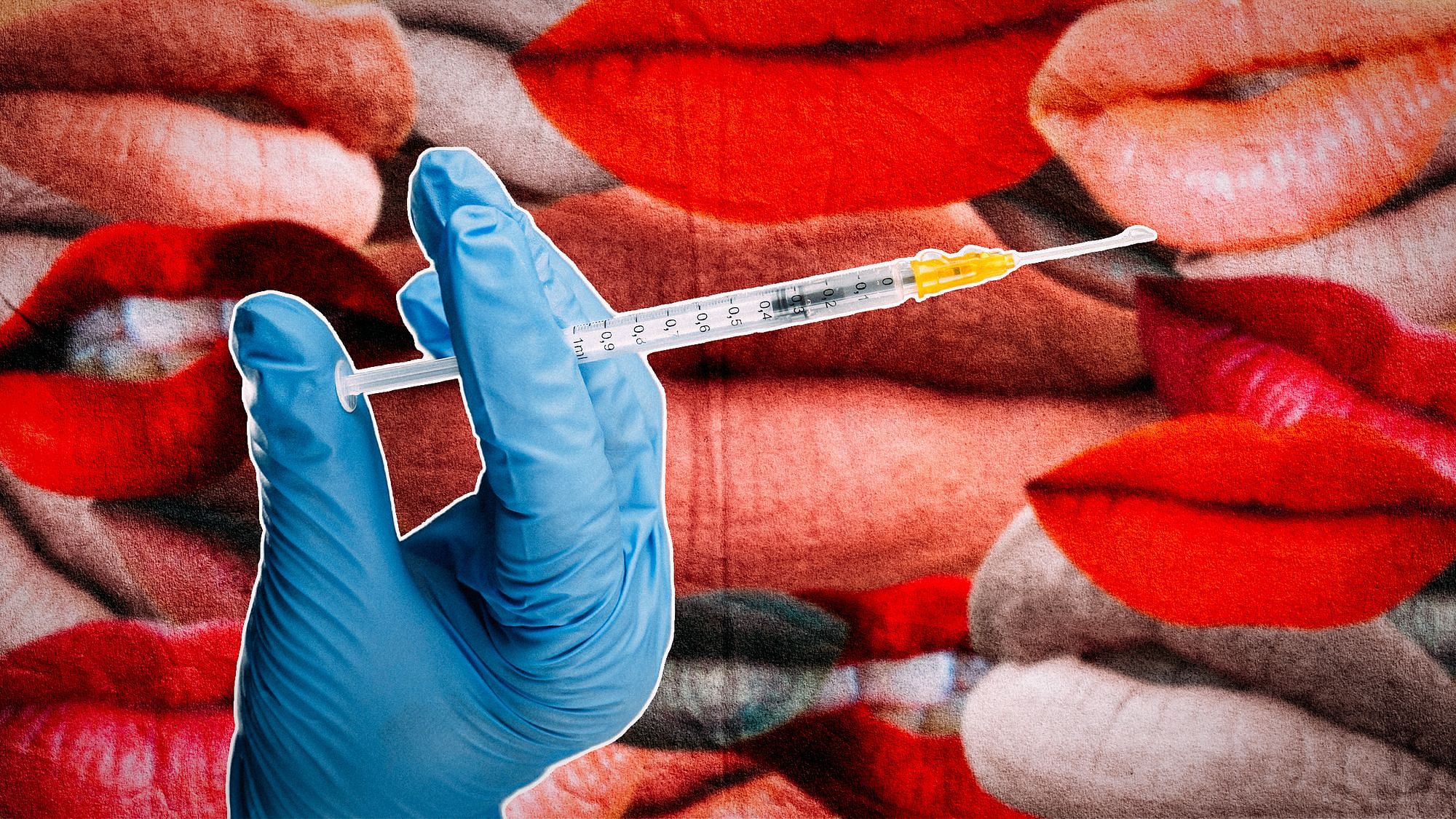 Collage: Eine Hand in einem OP-Handschuh hält eine Spritze. Im Hintergrund sieht man viele verschiedene Lippen.