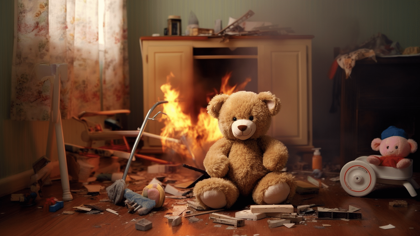 Ein lächelnder Teddybär sitzt in einem brennenden Kinderzimmer.