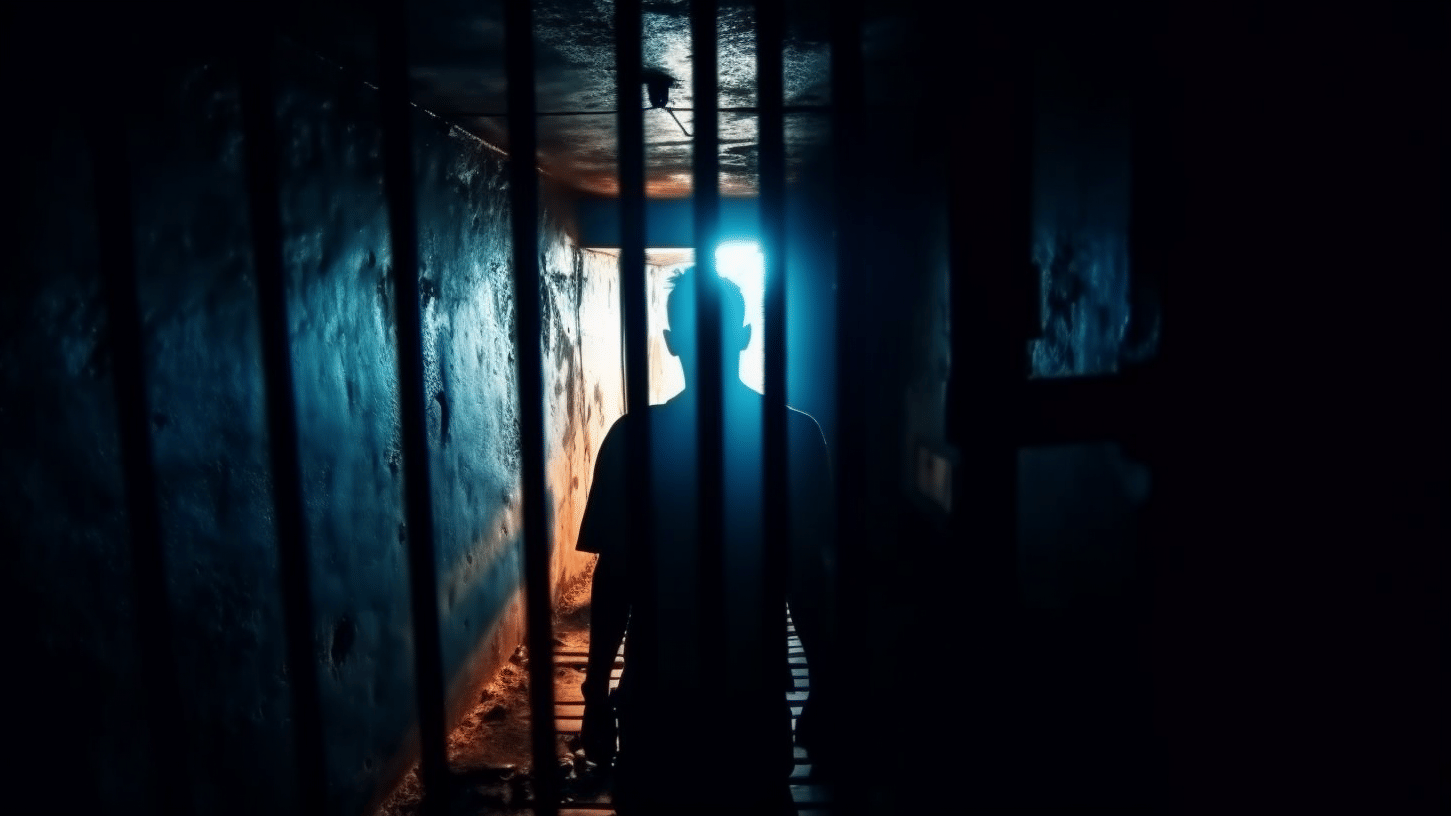 Ein Mann steht in einem dunklen, vergitterten Raum. Nur sein Umriss ist zu erkennen.