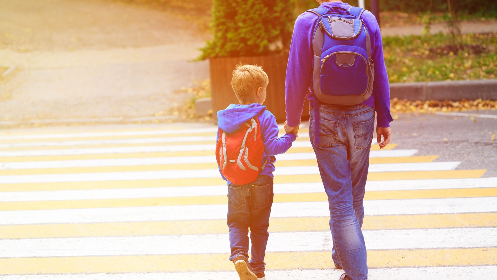 Ein Junge und ein Mann gehen Hand in Hand über einen Zebrastreifen.