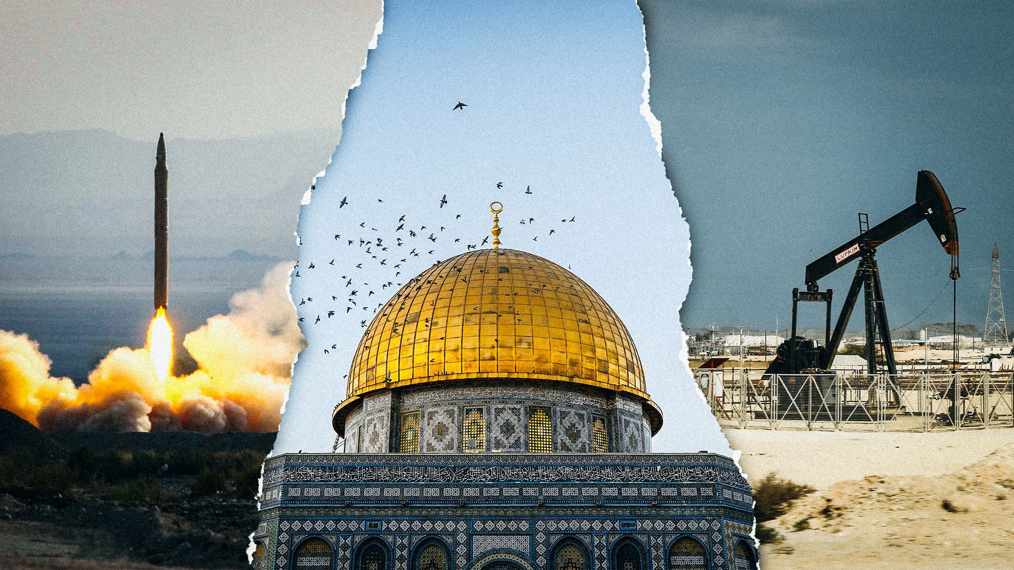 Collage. Links: Eine startende Rakte. Mitte: Der Felsendom. Rechts: Eine Ölpumpe fördert Öl in der Wüste.