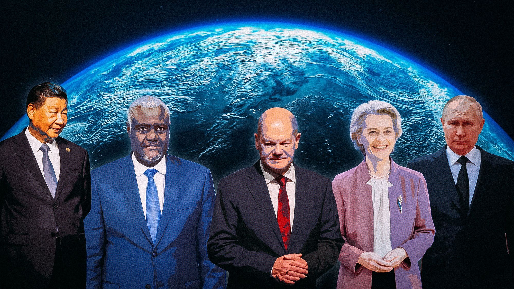 Collage: Mehrere Politiker:innen vor einer Weltraum-Aufnahme der Erde.