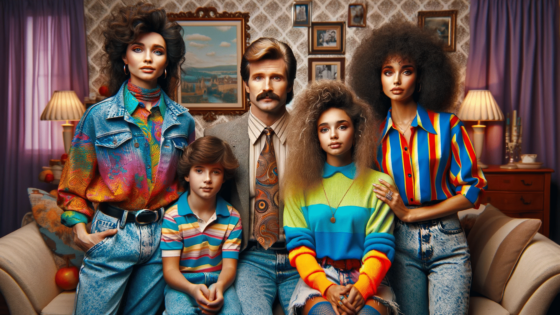 Eine Familie in leuchtenden Farben, die sich um ein Sofa gruppiert