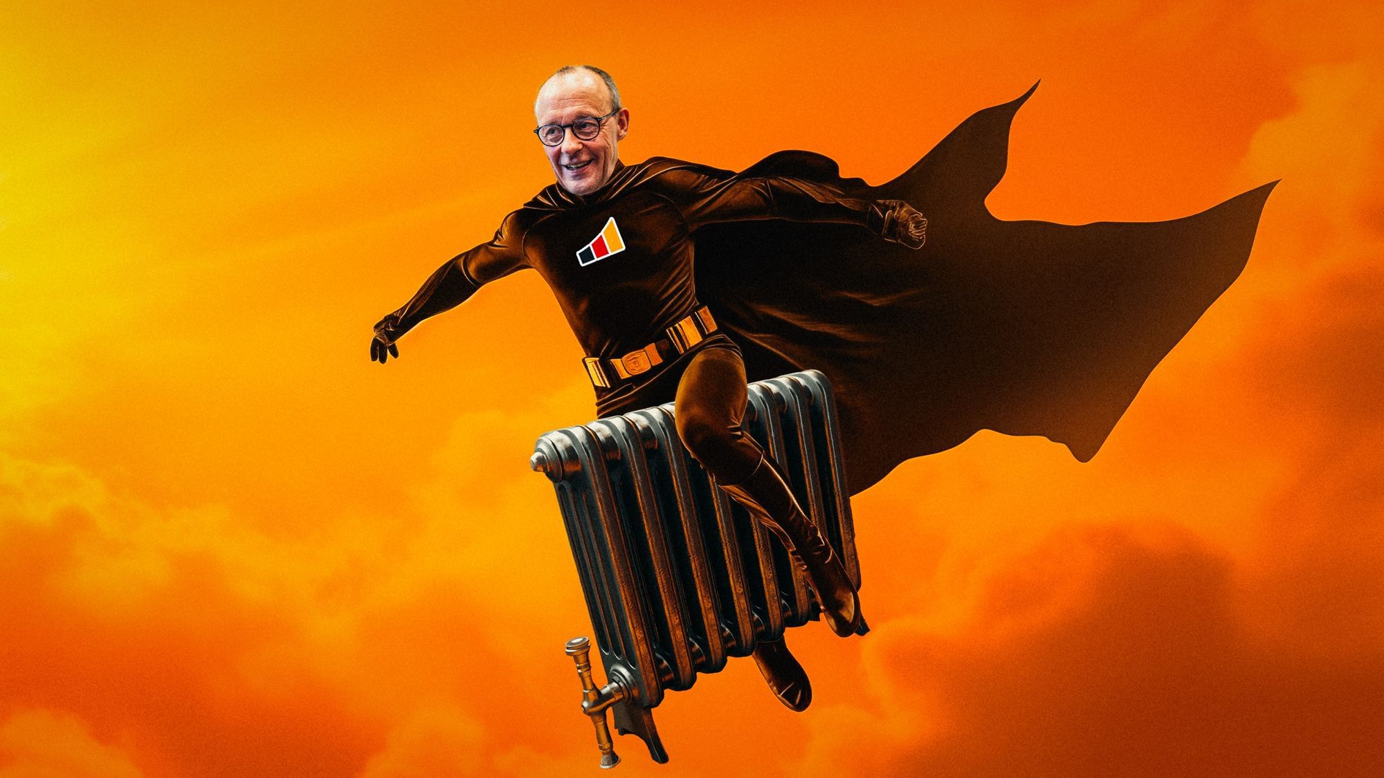 Collage: Friedrich Merz fliegt als Superheld verkleidet auf einer alten Heizung durch den Abendhimmel.