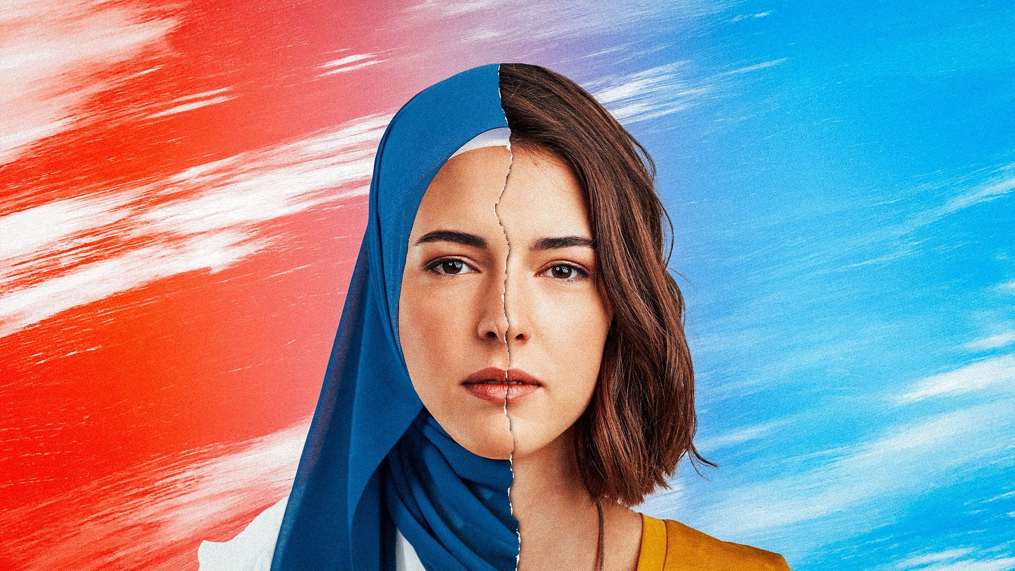 Collage: Eine junge Frau, ihr Gesicht ist zweigeteilt: Auf der einen Seite trägt sie ein Kopftuch, auf der anderen Seite nicht.